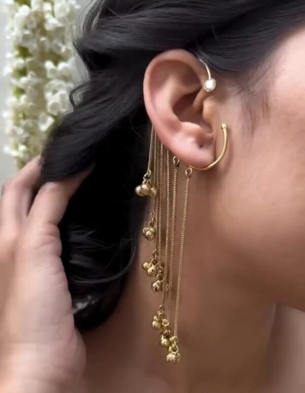 Gold Plated Ear Cuff with Hanging Ghungroo Chains – Statement Jewellery - Image 2
